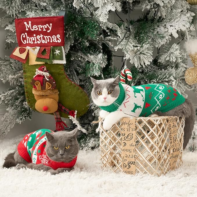 Stretchy Cat Christmas Sweater - 2 Packs Christmas Sweaters for Cats | Snug Winter-Ready Knit for Boy/Girl Cats & Kittens(Scarlet, Medium)