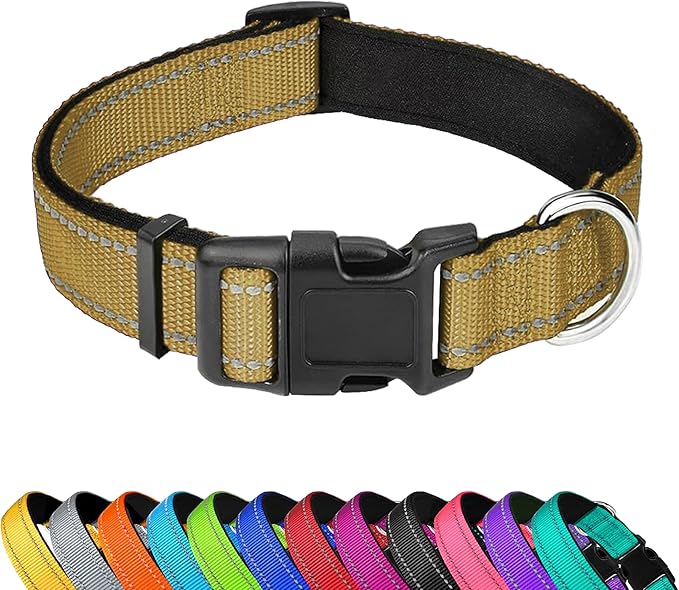 Reflective Dog Collar, Adjustable Soft Neoprene Padded Nylon Pet Collars with Buckle for Large Dogs, Khaki,L