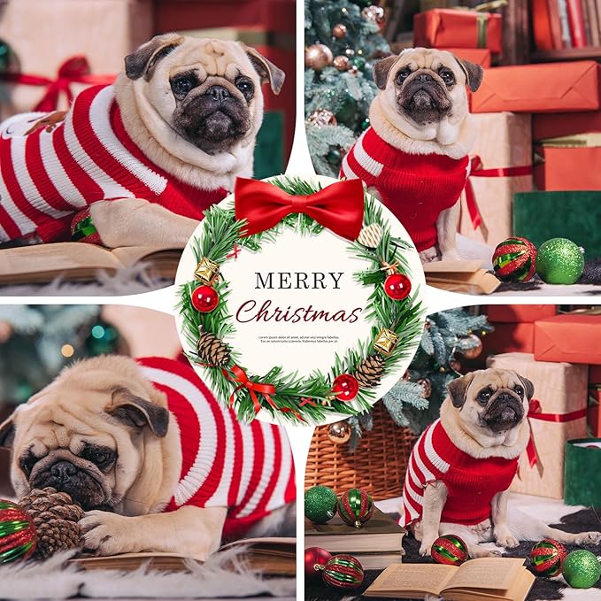 Dog Christmas Sweater Cute Striped Reindeer Xmas Pet Clothes Holiday Puppy Cat Costume New Year Gifts for Small Medium Large Dogs Jumpers (S, Red White Stripe Reindeer)