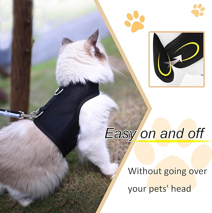 Cat Harness and Leash for Walking Escape Proof Breathable Mesh Fabric, Solid Black, XX-Large, Adjustable Cat Walking Jackets, Padded Stylish Cat Vest