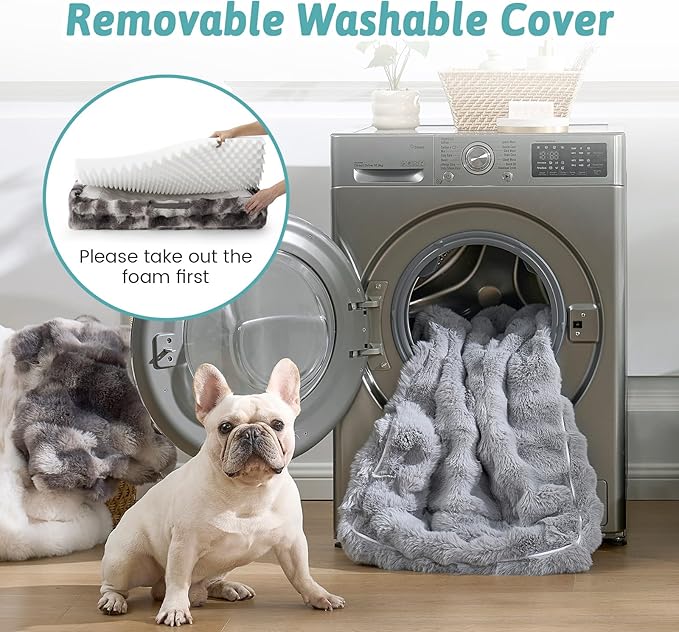 Orthopedic Dog Bed for Extra Large Dog, Soft and Warm Faux Fur Sofa for Giant Pet Up to 150 lbs, Foam Bolster Anti-Slip Couch with Washable Removable Cover, XXL 48x35x8 inch, Tie Dye Grey