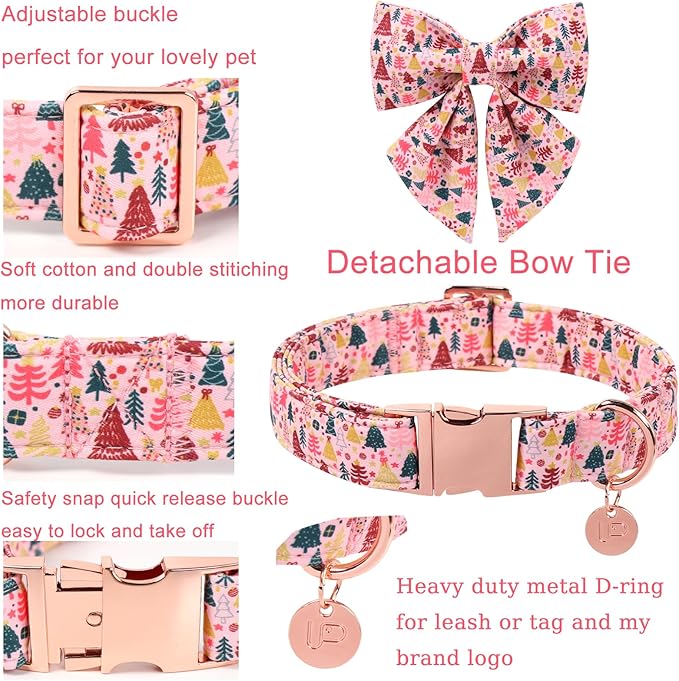 Christmas Dog Collar with Bow Tie, Pink Christmas Tree Collars for Dogs, Adjustable Pet Collar with Cute Xmas Tree Pendant, Winter Dog Accessories for Small Medium Large Dogs S