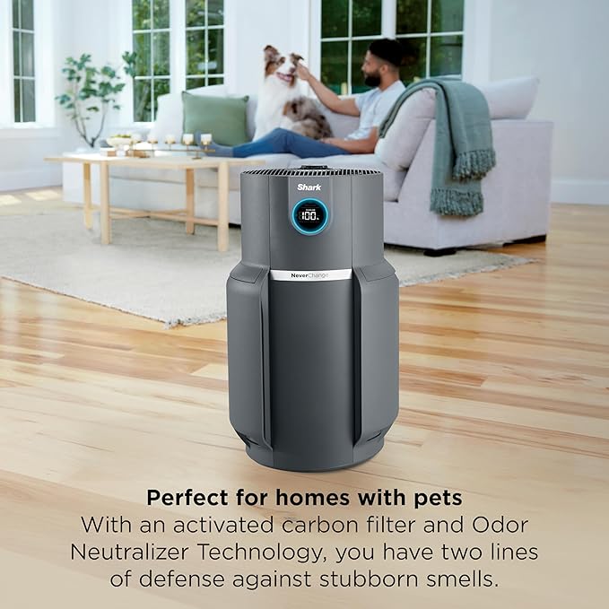Shark Air Purifier for Home, NeverChange Max, 1,300 sq. ft. for Large Room, Kitchen, Home Office, HEPA-Exceeding Filter, Captures Pollutants, Pet Dander, Dust, Odor, Smoke, and More, HP301, Grey