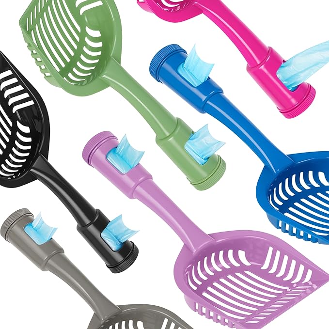 2-in-1 Pooper Scooper with Bag Attachment, Cat Litter Shovel Scoop with Bag, Built-in Dispenser, Includes Trash Roll, Rinse-Clean, Anti-Stick, Smart Sifter, Long Handle (Blue)