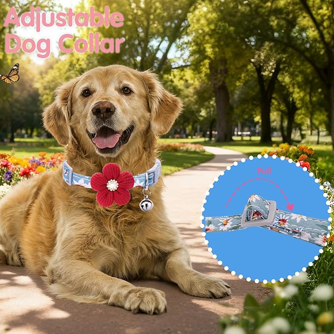 Large Dog Collar with Flower, Dog Collars for Large Dogs Collar for Girl Cute Dog Collar with Bell, Adjustable Length