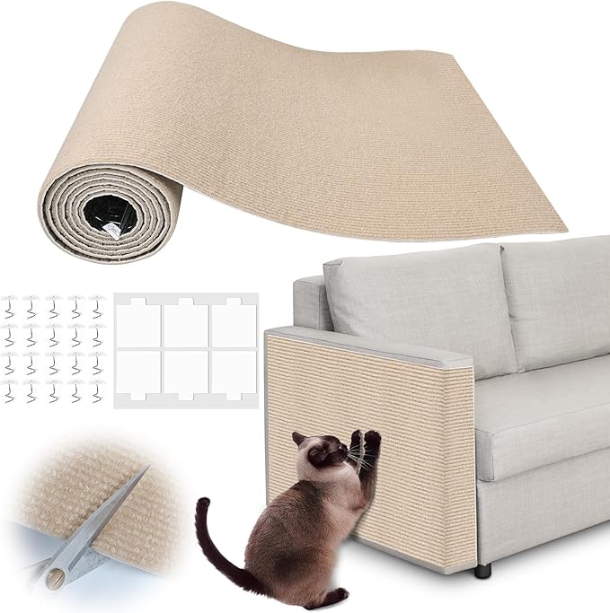 Cat Scratch Furniture Protector - 118" x 17" Trimmable Self-Adhesive Cats Claws Scratch Pads, DIY Cat Climbing Couch Protector for Scratch Post Cat Tree Replacement Indoor (Khaki)
