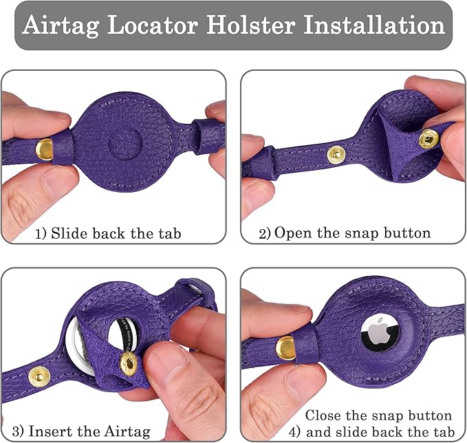 OOPSDOGGY Leather AirTag Cat Collar with Bell - Non Breakaway Kitten Collar with Apple Air Tag Holder - Lightweight GPS Pet Collars for Girl Boy Cats, Small Dogs, Puppies (Purple)