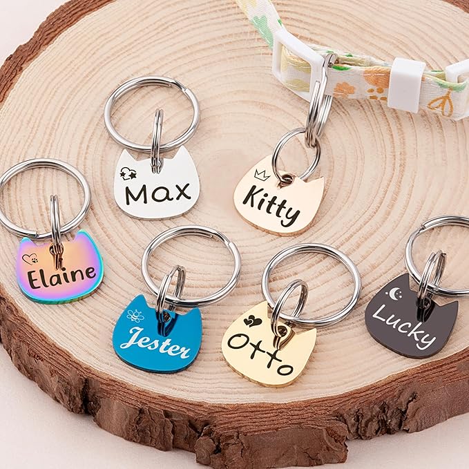 Anavia Small Size Dog Cat ID Tags, Small/XS Personalized Color Plated Stainless Steel Puppy Kitten Name Tags, Customized Engraved Nameplate Pet Collar Tag (Black, Cat Head)