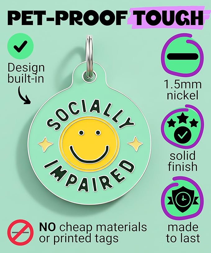 Bad Tags Personalized Dog and Cat ID Tags in 25+ Designs and 2 Sizes - 5 Lines of Custom Engraved Text - Funny Cute Personalized Pet Tags (Socially Impaired, Large (1.25 inch))
