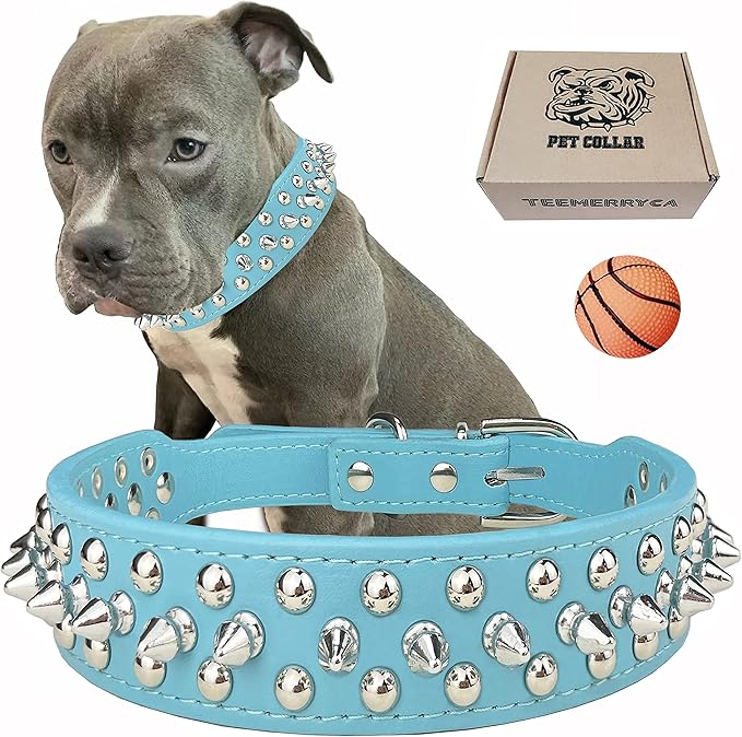 TEEMERRYCA Adjustable PU Leather Spiked Studded Dog Collars with a Squeak Ball Gift for Small Medium Large Pets Like Cats/Pit Bull/Bulldog/Pugs/Husky, Blue, XL 17.7"-20.5"