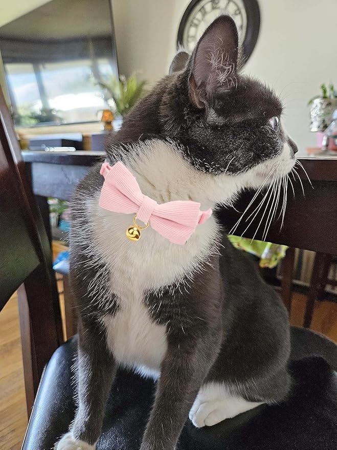 2 Pack Soft Corduroy Cat Collars with Bow Tie & Bell Adjustable Breakaway Bowtie Kitten Collar for Girl Boy Kittens(Pink & Grass Green)