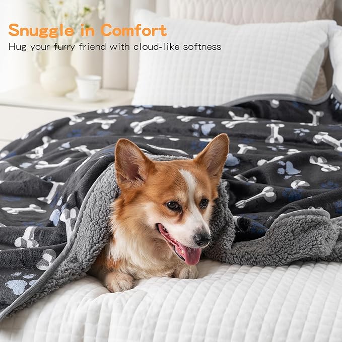 Waterproof Dog Blankets Pet Blanket, 30"x40" Cat Blanket for Indoor Cats, Soft Fluffy Sofa Car Bed Protector, Reversible Sherpa Fleece Puppy Blanket for Small Medium Dogs (Navy Paws)