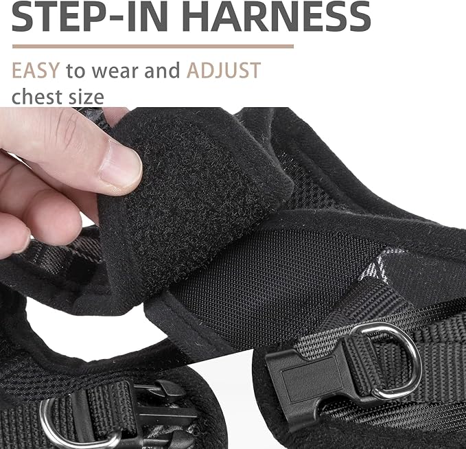 PUPTECK Adjustable Dog Harness Collar and Leash Set Step in No Pull Pet Harness for Small Medium Dogs Puppy and Cats Outdoor Walking Running, Soft Mesh Padded Reflective Vest Harnesses, Black L