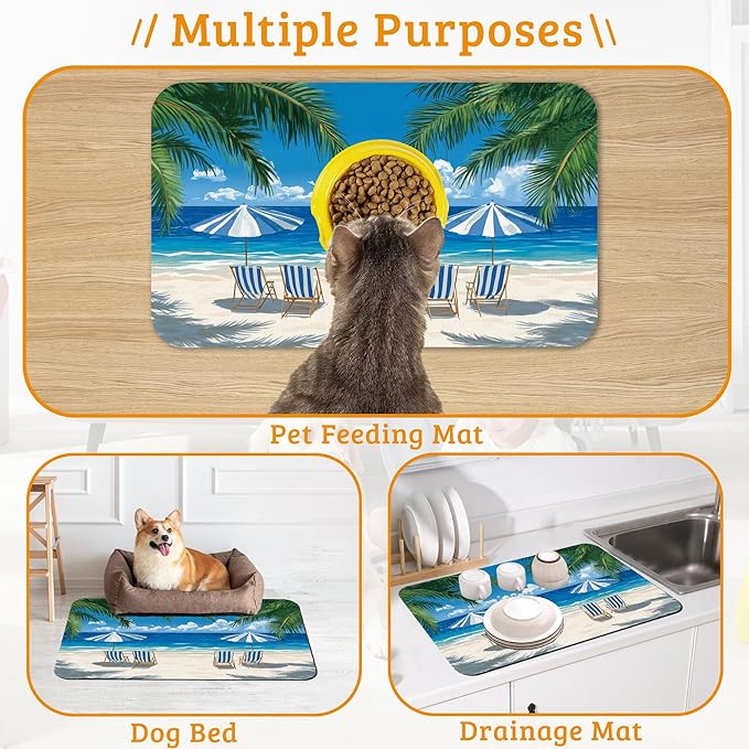 Pet Feeding Mat,Sea Beach Absorbent Dog Cat Food Mat Palm Tree Dog Mat with Rubber Backing,Non-Slip Water Bowl Placemat,Pet Supplies 12" x 20"