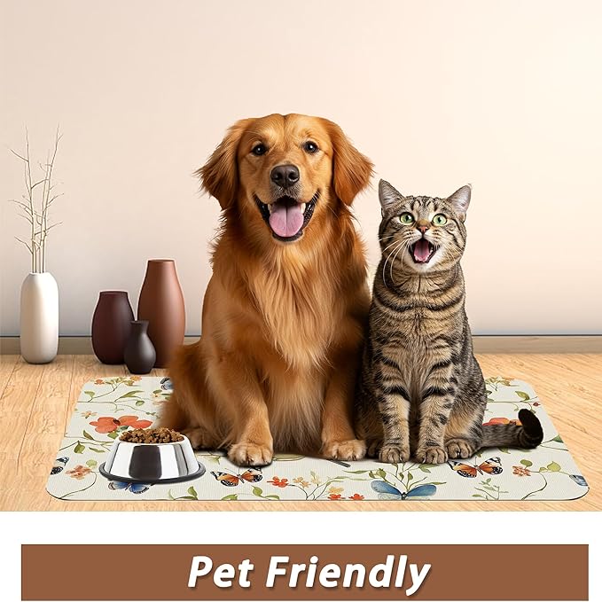 Butterfly Bird Dog Food Mat for Floors,Vintage Nature Absorbent Pet Food and Water Bowl Mats,Non-Slip Pet Feeding Mat,Pet Supplies 16" x 24"