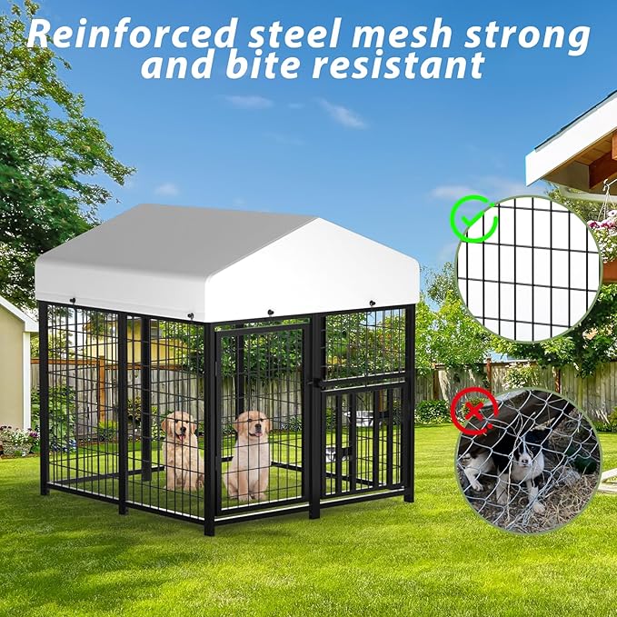 LOVMOR Outdoor Dog Kennel with Roof, Heavy Duty Steel Dog Run Enclosure for Small Dogs, Waterproof Canopy, Double Latch Door, Adjustable Feeding Bowls, Pet Pen for Yard and Patio, 4’L x 4’W x 4.25’H