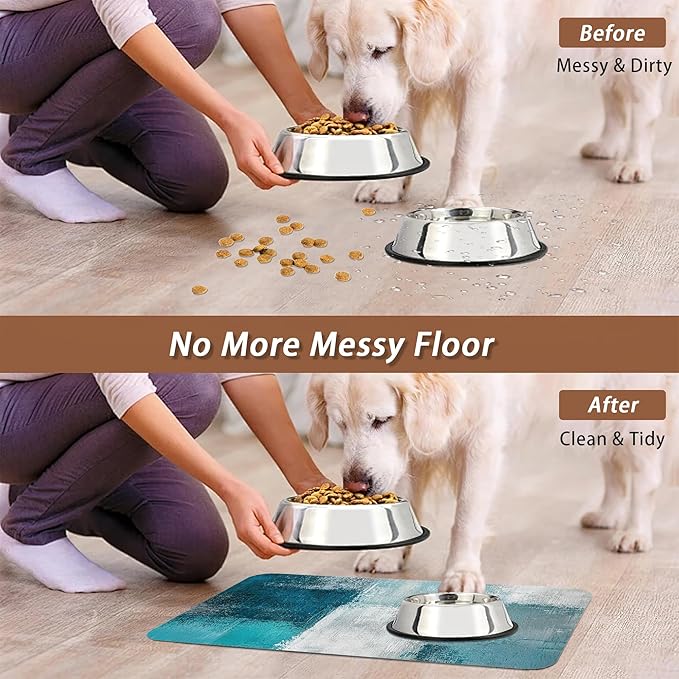 Turquoise Grey Dog Cat Food Mat,Teal Modern Art Absorbent Pet Feeding Mat for Food and Water,Non-Slip Dog Bowl Mats Floor Protector 12"x20"
