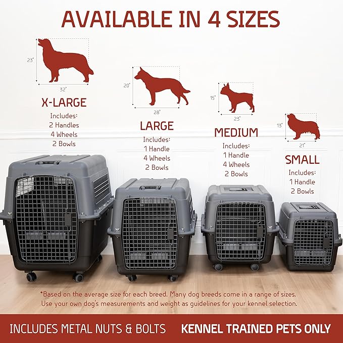 SportPet Airline Compliant MEDIUM 24.25" Travel Dog Kennel-Durable Plastic Airline Pet Carrier w/ Removable Wheels & Food Bowls, Collapsible Indoor/Outdoor Dog Kennel, Dogs up to 23"L & 15"H-Dark Gray