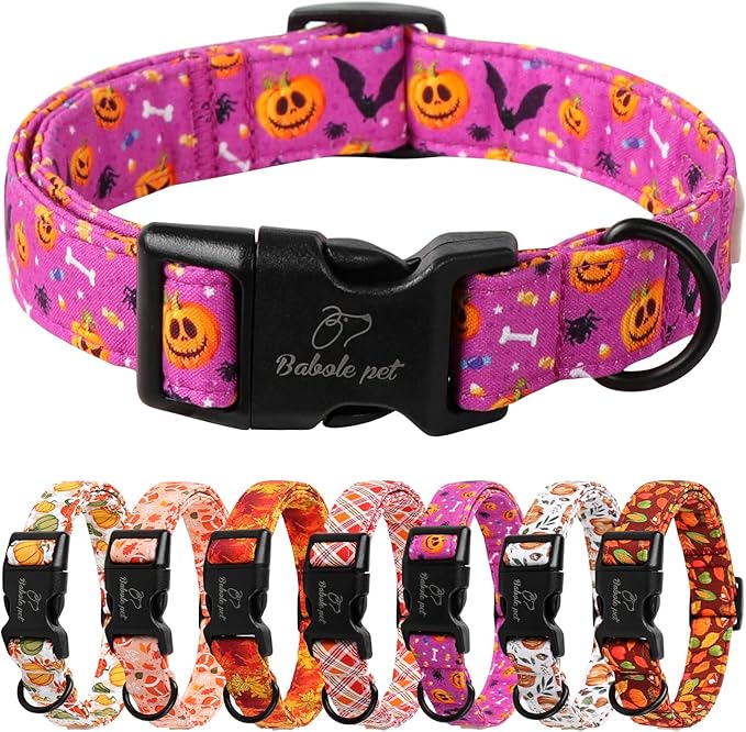 Halloween Dog Collar, Cute Pumpkin Bat Pattern Halloween Purple Puppy Collar, Soft Adjustable Cotton Dog Collars for Small Medium Large Boy&Girl Dogs XL