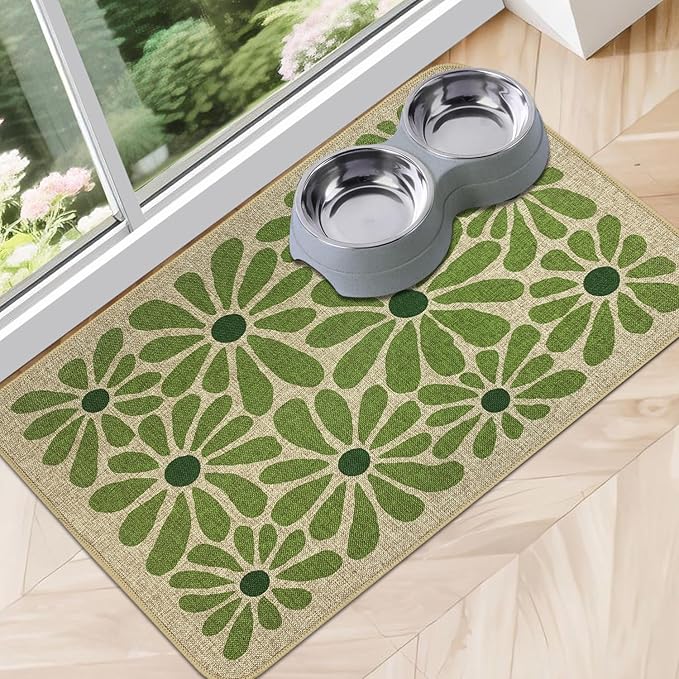 SHIYUE Dog Food Mats for Floors, Absorbent Cat Bowl for Food and Water, Non-Slip Accessories Pet Supplies(16"x24",Green Flower)