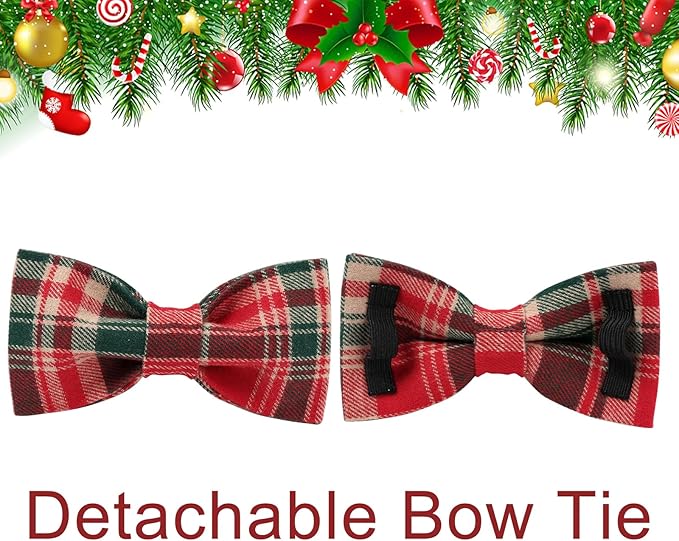 Christmas Plaid Dog Collar with Bow Tie– Adjustable Red & Green Checkered Dog Collar for Small Medium Large Dogs, Soft Xmas Plaid Puppy Collars with Quick Release Buckle L