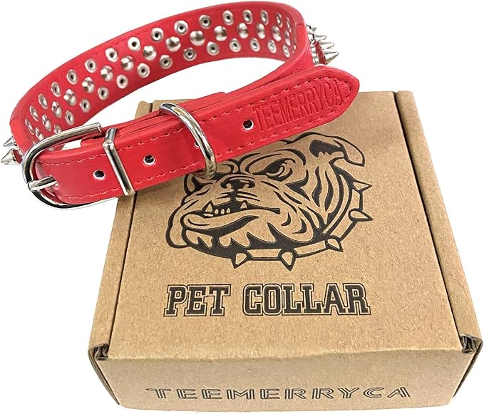 TEEMERRYCA Adjustable Microfiber Leather Spiked Studded Dog Collars with a Squeak Ball Gift for Small Medium Large Pets Like Cats/Pit Bull/Bulldog/Pugs/Husky, Red, L(15"-18.5")