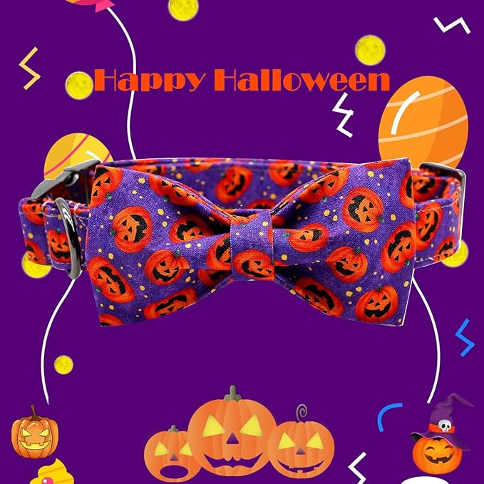 Dog Collar - Halloween Pumpkin Bowtie Pet Collar Gift Soft Bow Collar Pet Adjustable Metal Buckle Puppy Collars for Small Dogs