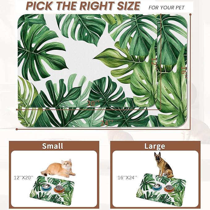 Palm Leaf Pet Feeding Mat,Boho Absorbent Quick-Dry Cat Dog Food and Water Bowl Mats,Non-Slip Rubber Backing Mat,Cat Dog Accessories Supplies 12"x20"