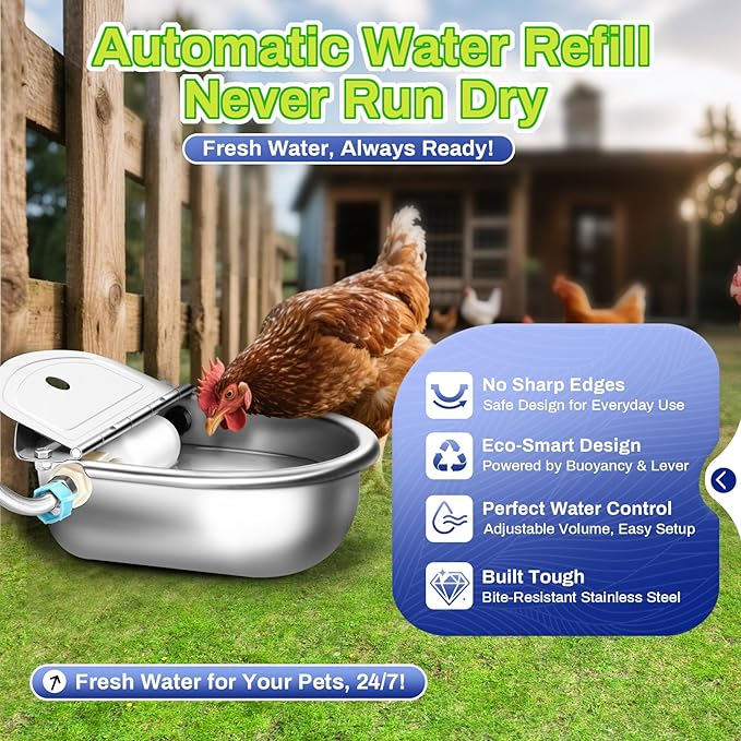 Automatic Animal Drinking Water Bowl with Drain Hole & Float Valve, 71" Extended Pipe, Stainless Steel Waterer Feeder Farm Dog Dispenser Kit Self Filling for Livestock Horse Goat Water Trough
