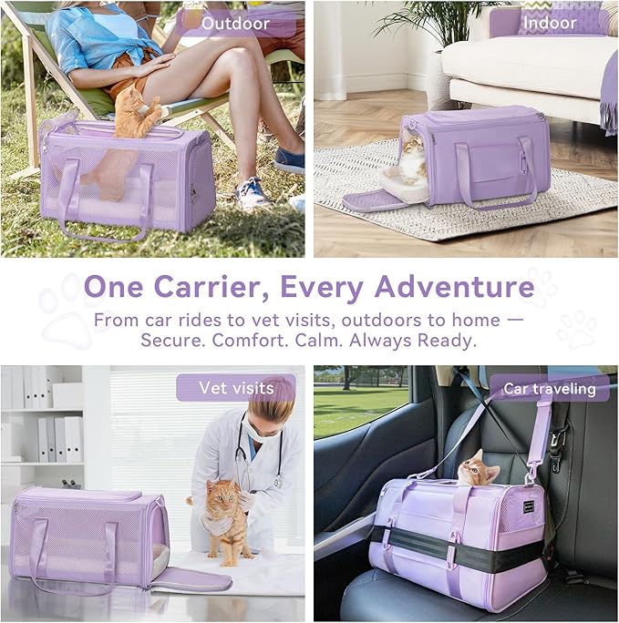 PETSFIT Large Cat Car Carrier with Patented Safety Buckles(19 x 12 x 12) – Roomy Escape-Proof for Safe Driving, Lockable Zippers & Safety Tether, Soft-Sided Travel Carrier for Road Trips & Vet Visits