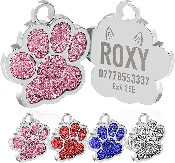 EDSG Cat Dog Tags Personalized for Pets, Dog Name Tags Cat Name ID Tag, Engraved Dog Tags Dog ID Tags Small Glitter Bling ID Tag Paw Print for Cat Pet Dog Puppy(Blue,Design 3)