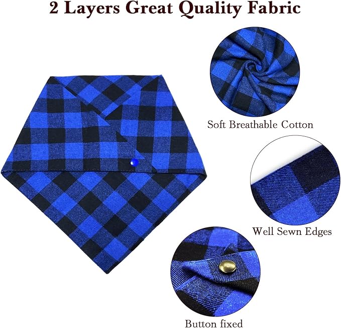 Christmas Plaid Dog Bandana with Button, Fall Dual Layer Scarf Soft Cotton Triangle Bib Girls and Boys Kerchief Adjustable Accessories for Small Medium Large Extra Large Dog Puppy Pet Cat