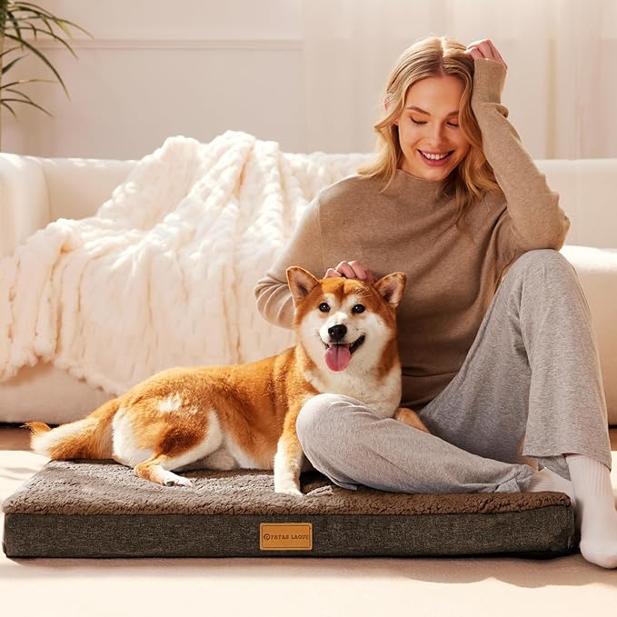 Patas Lague Orthopedic XL Dog Bed Large Sized Dog 48''X30'', Soft Waterproof Egg Crate Foam Large Pet Crate Beds Mat with Removable Washable Cover and Non-Slip Bottom, Brown