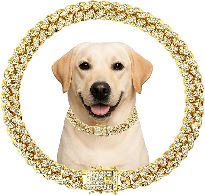 Dog Chain Designer Gold Crystal Pet Collar Cuban Link Chain with Secure Buckle Luxury Adjustable Necklacefor Small Medium Large Dogs Cats(Glod 12inch)