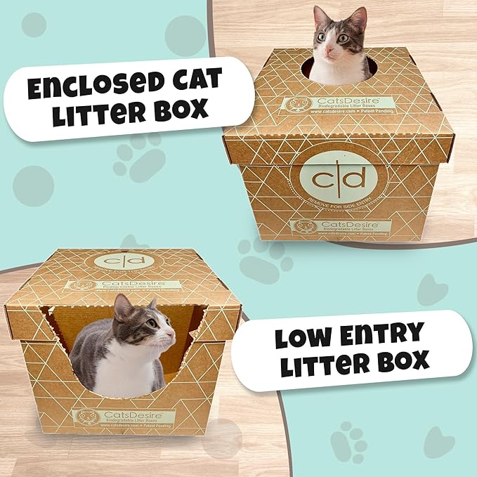 Cats Desire Litter Box - Disposable Litter Boxes for Cats (3 pcs) - Top/Low Entry & Enclosed Box - Teal on Natural Brown, Partially Recycled Cardboard, 17" L x 17" W x 15.25" H