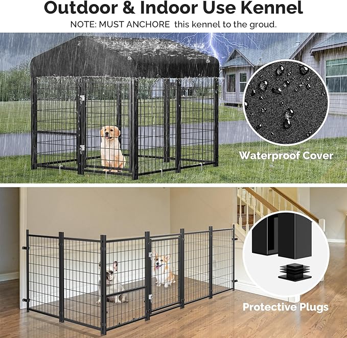 Sino Luban 2PCS Outdoor Dog Kennel Outside Run with Doggy Door&Waterproof Roof - 4x4x4.6FT Large Dog Kennels Pens Outside for Small/Medium Dogs - Heavy Duty Cage Yard (Can Connect to Your Dog House)
