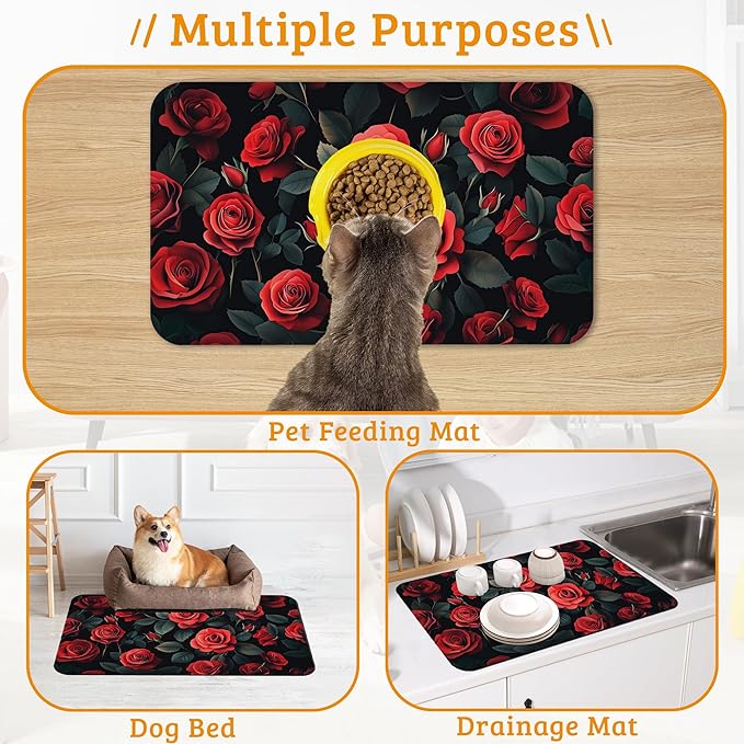 Retro Rose Feeding Mat,Green Leaf Absorbent Quick-Dry Cat Dog Food and Water Bowl Mats,Non-Slip Rubber Backing Mat,Cat Dog Accessories Supplies 16" x 24"