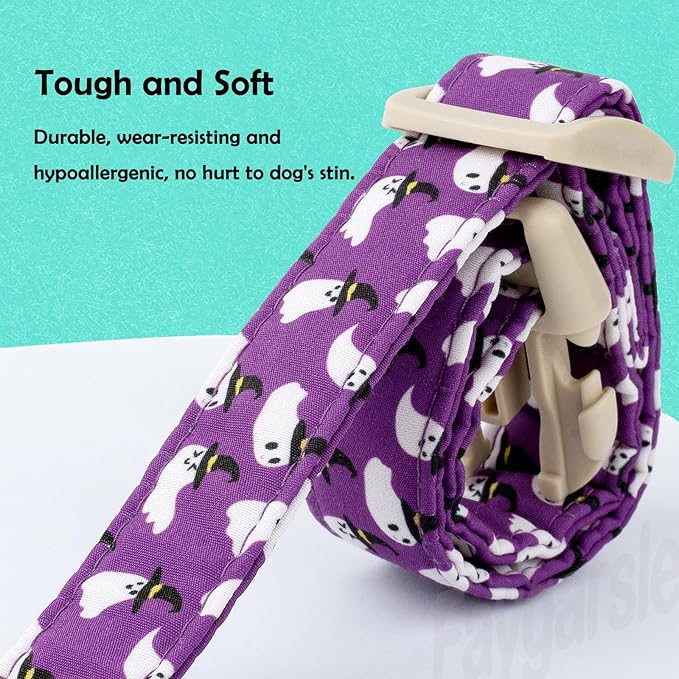 Faygarsle Halloween Dog Collar with Charm, Purple with Ghost Pattern, Adjustable Pet Collar for Small Medium Large Dogs XS