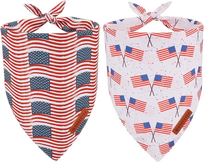 ADOGGYGO American Flag Dog Bandana 2 Pack, Reversible White Red USA Flag Pet Scarf Bib, Adjustable Fit 4th of July Bandanas for Small Dogs Pets (Small)