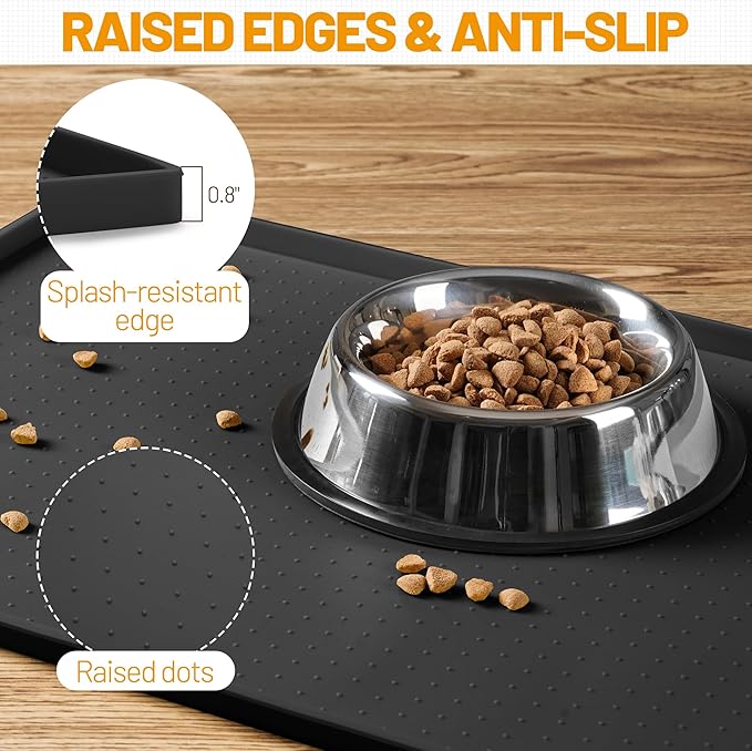 Hubulk Dog Feeding Mat,100% Waterproof Food Grade Silicone Pet Food and Water Bowl Placemat,Dishwasher, High Raised Edge to Prevent Spills,Nonslip Tray to Stop Messes on Floor（28"x18"x0.8", Black）