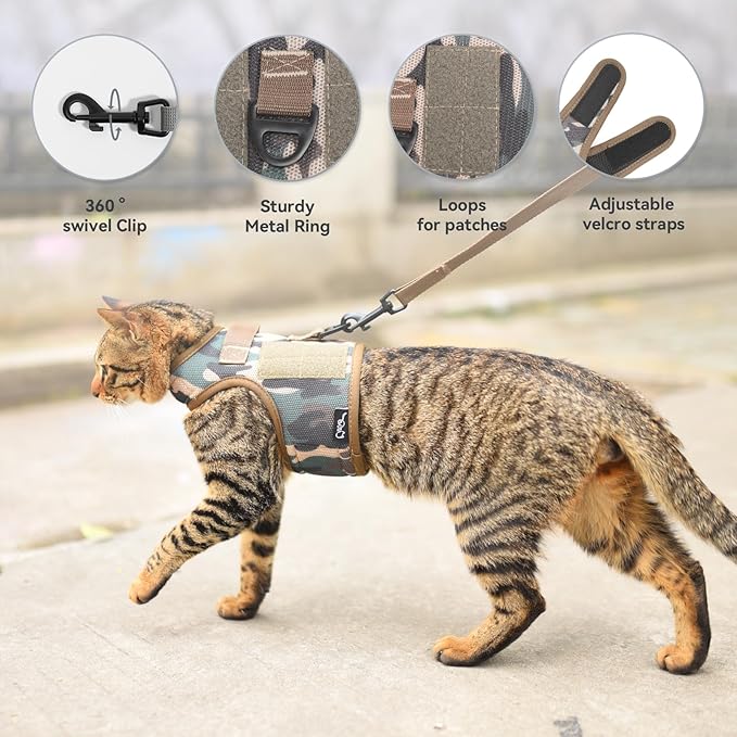 Tactical Kitty Harness and Leash for Walking Escape Proof Breathable Mesh Fabric, Green Jungle Camo, Small, Adjustable Cat Walking Jackets, Padded Stylish Cat Vest