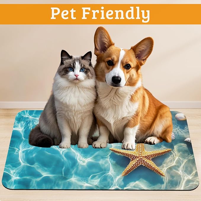 Starfish Shells Dog Cat Food Mat,Sea Beach Absorbent Waterproof Placemat for Food and Water Non Slip Rubber Backing Durable Feeding Pad for Clean Floors 16" x 24"