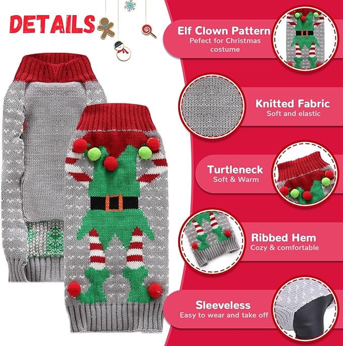 Dog Cat Ugly Christmas Sweater Boy Girl Xmas Pet Clothes Holiday Puppy Costume New Year Gifts for Small Medium Large Dogs Outfits (XL, Grey Elf)