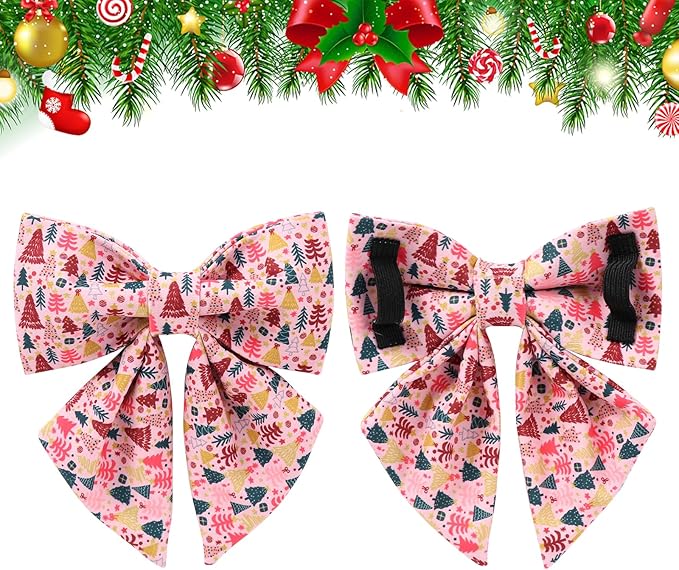Christmas Dog Collar with Bow Tie, Pink Christmas Tree Collars for Dogs, Adjustable Pet Collar with Cute Xmas Tree Pendant, Winter Dog Accessories for Small Medium Large Dogs XL
