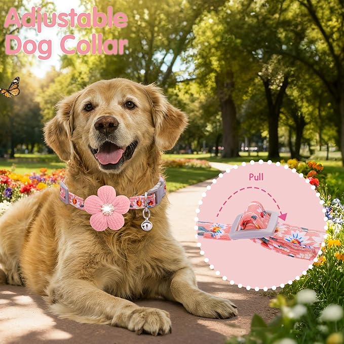 Medium Dog Collar with Flower, Dog Collars for Medium Dogs Collar for Girl Cute Dog Collar with Bell, Adjustable Length