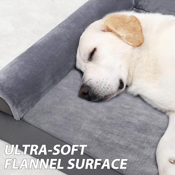 KSIIA Orthopedic Dog Bed - Waterproof for Large Dogs, Flannel Bolster Couch With Egg Crate Foam, Removable Washable Cover & Nonskid Bottom, 36 x 27 Inch, Gray