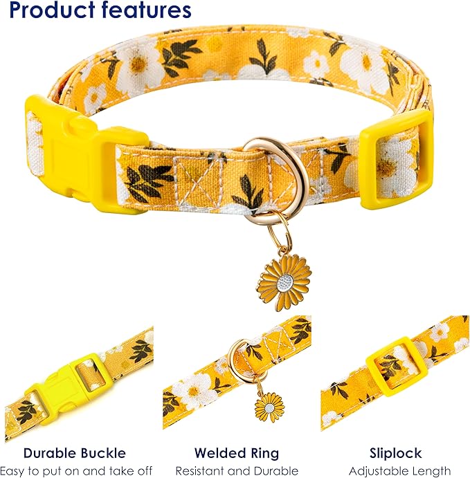 Cotton Dog Collar Yellow Flower Pattern for Boys and Girls Cute Dog Collars Summer Fall Gift Adjustable for Medium to X-Large Breed Dogs (L)