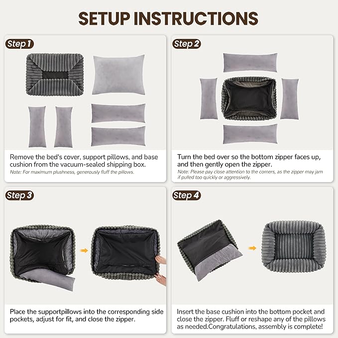 Washable Dog Bed for Small Medium Dogs - Rectangle Orthopedic Corduroy Fleece Pet Bed with Removable Cover and Nonskid Bottom, Calming Puppy Bed Soft Pet Sofa, Grey(30x24x8inchs)