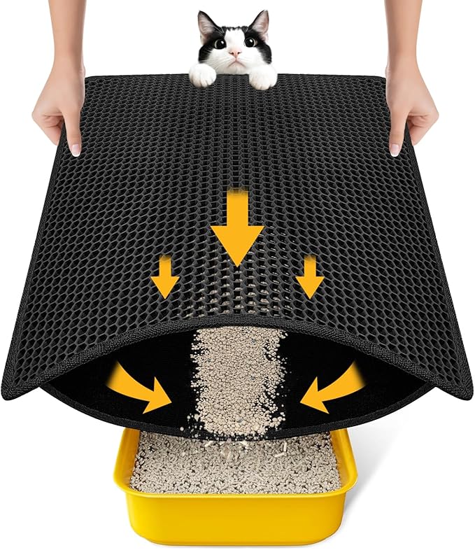 Cat Litter Mat Compact Size 23.6"x14.6" for Small Spaces, Upgrade Waterproof Leakproof Back Layer, Honeycomb Trapping Mat, Washable, Easy to Clean, Scatter Control Kitty Litter Matt, Black