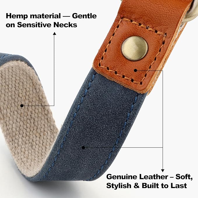 Plutus Pet Genuine Leather & Hemp Dog Collar – Adjustable Heavy Duty Pet Collar with Quick Release Metal Buckle, Soft & Stylish for Puppy and Small, Medium, Large Dogs (Blue, S)